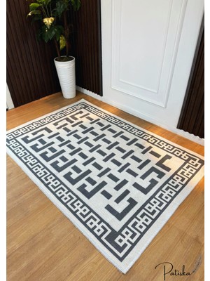 Özlü Home Patiska Yıkanabilir Dekoratif Labirent Desen Pamuk Bukle Kilim Antrasit