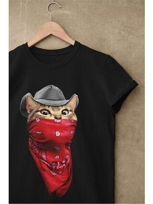 Unisex Siyah Oversize Bandanalı Sevimli Kedi Baskılı Tshirt