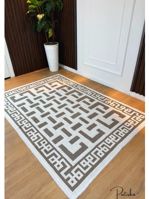 Özlü Home Patiska Yıkanabilir Dekoratif Labirent Desen Pamuk Bukle Kilim Kahverengi