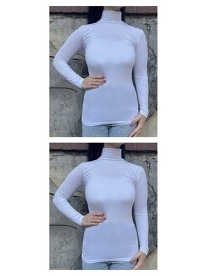 Kadın Beyaz Uzun Kollu Yarım Balıkçı Yaka Body - 2 Adet