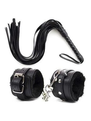 Siyah Peluş Kelepçe Kırbaç Seti