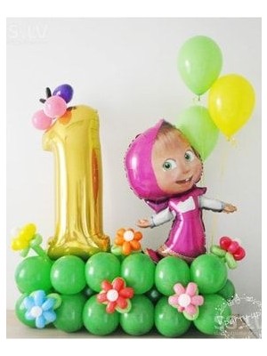 Lisanslı Maşa ve Koca Ayı Karşılama Seti Altın Rakam Balonlu (Videolu Anlatım)