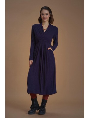 Ön Robalı Bağcıklı V Yaka Kışlık Mürdüm Elbise