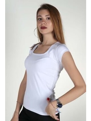 Kadın Beyaz Kare Yaka Kısa Kollu Body