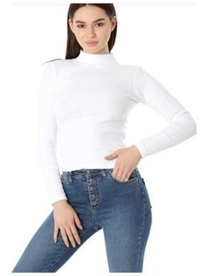 Kadın Uzun Kollu Yarım Boğazlı Likralı Penye Badi