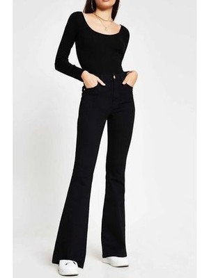 Liana Ispanyol Siyah Likralı Ispanyol Yüksek Bel Kot Pantolon