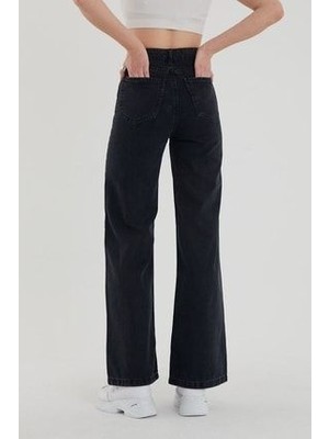 Livik Kadın Lili Siyah Yüksek Bel Geniş Paça Wide Leg Denim Pantolon Pamuk-Elastan Trend Model
