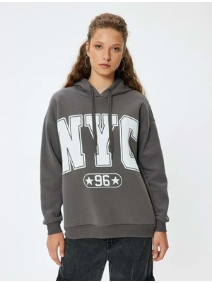 Oversize Kapüşonlu Sweatshirt Kolej Baskılı Şardonlu - Koton - 5WAL10165IK - Antrasit - Xl