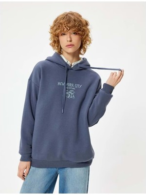 Arkası Baskılı Sweatshirt Kapüşonlu Oversize Kolej Temalı Uzun Kollu - Koton - 5WAL10133IK - Lacivert - Xl