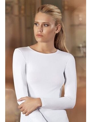 Kadın Beyaz Bisiklet Yaka Uzun Kollu Badi Atlet