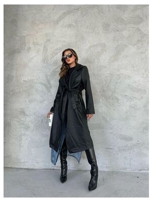 Vess Moda Kadın Vegan Kuşaklı Siyah Deri Trençkot Kruvaze Yaka ile Şık Tasarım