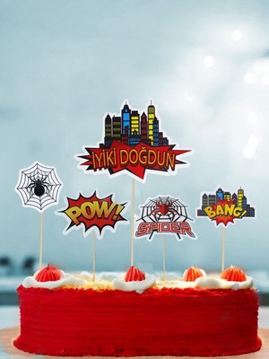 Parti Adresi Spiderman Temalı Kürdan Figürlü Cupcake Kürdanı Pasta Süsü 5'li
