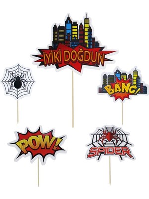 Parti Adresi Spiderman Temalı Kürdan Figürlü Cupcake Kürdanı Pasta Süsü 5'li