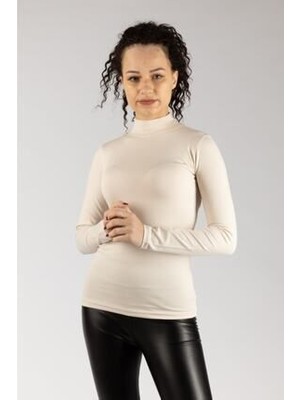 Kadın Uzun Kollu Yarım Boğazlı Likralı Penye Badi