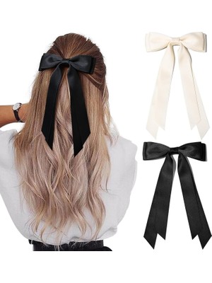 Brave Bull Pieces Silky Satin Bow Hair Clip Beige Black Hairband Ponytail Holder Accessories Metal Clip Bow Women Girls Children (Yurt Dışından)