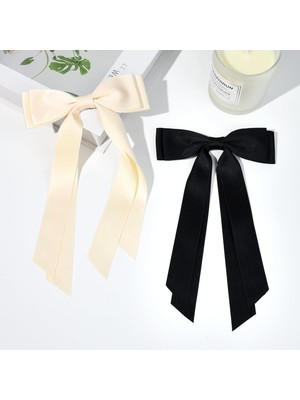 Brave Bull Pieces Silky Satin Bow Hair Clip Beige Black Hairband Ponytail Holder Accessories Metal Clip Bow Women Girls Children (Yurt Dışından)