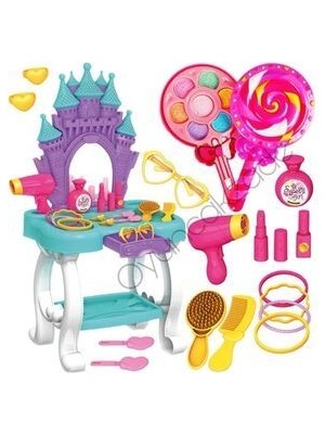Şato Kız Çocuk Güzellik Masası Aynalı Aksesuarlı Oyuncak + Lolipop Makyaj Seti Sürülebilir