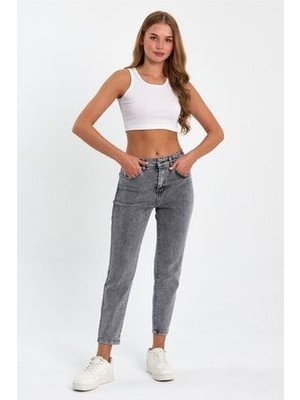 Stager Kar Gri Yüksek Bel Likralı Mom Jeans