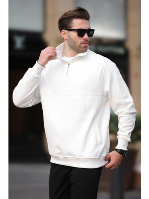 Ekru Dik Yaka Yarım Fermuarlı Polar Sweatshirt 7096
