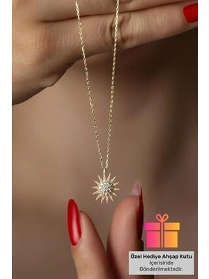 Lucente Jewellery Özel Hediye Kutulu Altın Kaplama Güneş Kolyesi Zirkon Taşlı Güneşli Gümüş Zincirli Kolye