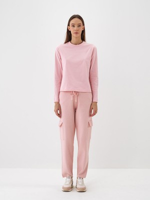 Kadın Pembe Pamuk Dokulu Regular Fit Uzun Kollu Tişört