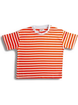 Plant Mini Kids Summer Yarım Kollu Turuncu ve Beyaz Renk, %100 Pamuk Bisiklet Beyaz Yaka Çizgili Çocuk T-Shirt