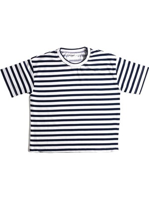 Plant Mini Kids Sailor Yarım Kollu, Lacivert ve Beyaz Renk %100 Pamuk Bisiklet Beyaz Yaka Çizgili Çocuk T-Shirt