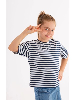 Plant Mini Kids Sailor Yarım Kollu, Lacivert ve Beyaz Renk %100 Pamuk Bisiklet Beyaz Yaka Çizgili Çocuk T-Shirt