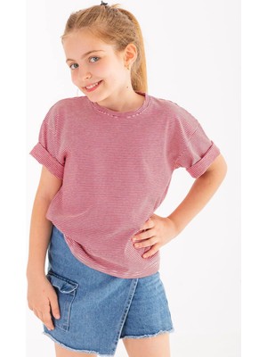 Plant Mini Kids Raspberry Kırmızı ve Beyaz Çizgili, %100 Pamuk, Yarım Kollu Bisiklet Yaka Çocuk T-Shirt