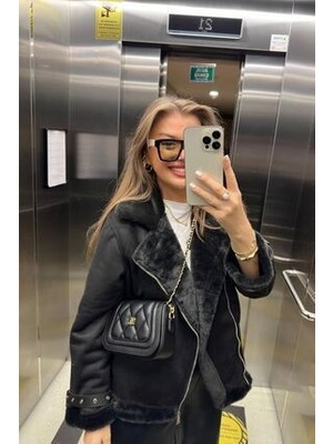 Vess Moda Kadın Içi Ipek Kürklü Siyah Süet Biker Mont