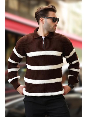 Kahverengi Fermuarlı Polo Yaka Çizgili Uzun Kollu Kazak 7283
