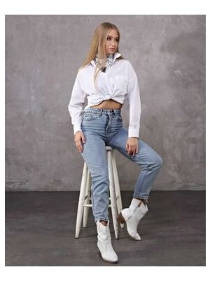 Kadın Yüksek Bel Kar Yıkama Düz Renk Mom Jean Kot Pantolon 2024