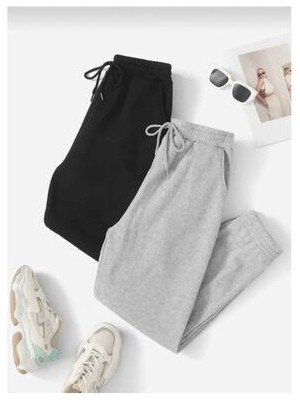 Ikili Jogger Eşofman Altı-Siyah ve Gri Lastik Paça Yüksek Bel Eşofman