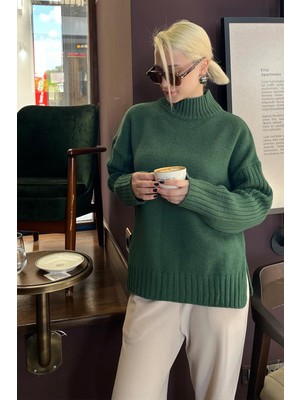 Haki Yarım Balıkçı Yaka Fitil Detaylı Kadın Kazak MG2156