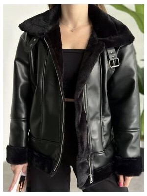 Kadın Parlak Deri, Içi Ipek Kürklü Siyah Mont