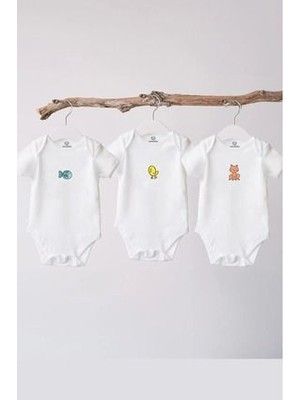 Naive Baby %100 Pamuklu Bebek Body - 3'lü Sevimli Hayvanlar Set - Bebek Zıbın Badi