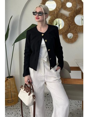 Siyah Kemerli ve Dokulu Kadın Ceket MG2209