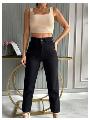 Leo Siyah Mom Jean Kadın Boyfriend Yüksek Bel Likralı Kot Pantolon