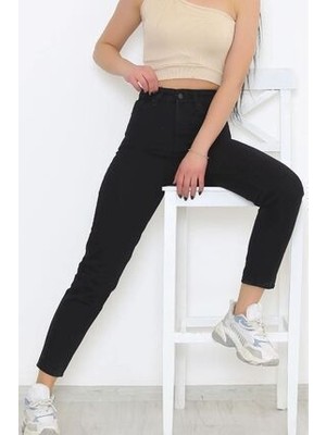 Leo Trend Kadın Black Od Taşlanmış Siyah Renk Yüksek Bel Mom Kalıp Jean
