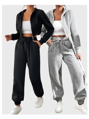 Ikili Jogger Eşofman Altı-Siyah ve Gri Lastik Paça Yüksek Bel Eşofman