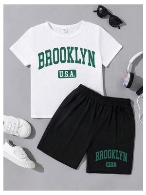Kız Erkek Çocuk Beyaz Brooklyn Baskılı Tişört-Şort Takımı