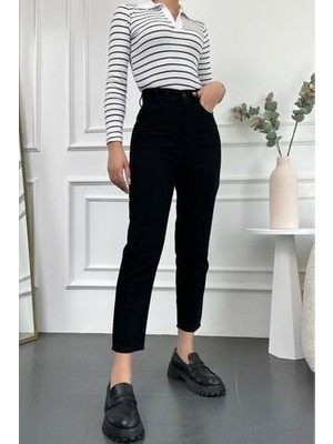 Kadın Siyah Yüksek Bel Comfort Likra Mom Pantolon-Siyah 2024