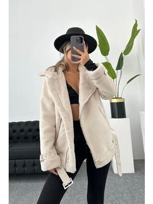 Vess Moda Kadın Içi Ipek Kürklü Krem Süet Biker Mont