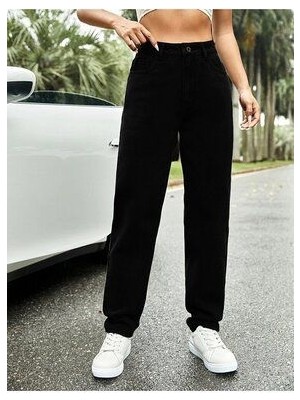 Neo Trend Kadın Black Od Taşlanmış Siyah Renk Yüksek Bel Mom Kalıp Jean