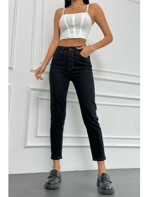 Leo Adella Siyah Likralı Mom Jean Pantolon