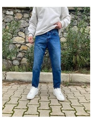 Oray Store Koyu Mavi Efektli Boyfriend Pantolon Erkek Relax Kesim Denim Malzemeden Üretildi