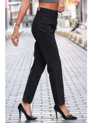 Leo Penelope Zero Madgırl Siyah Mom Kot Pantolon Likralı Solmaz Siyah Ekstra Rahat Mom Jeans