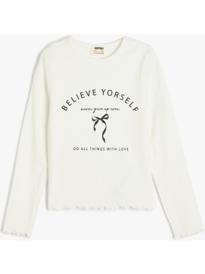 Koton Uzun Kollu Fitilli Tişört Fiyonk Baskılı Bisiklet Yaka Pamuklu Slim Fit