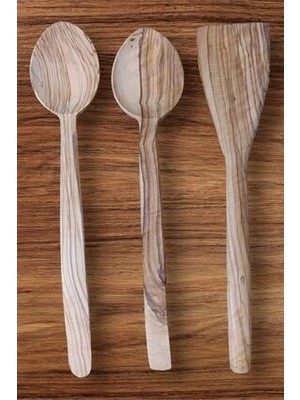 Zeytin Ağacı El Yapımı 3 Parça Tahta Kaşık Spatula Seti Büyük Boy