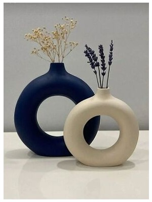 Lisyantus Home Dekoratif Seramik Lacivert -Bej 2 Li Halka Vazo Bohem Set